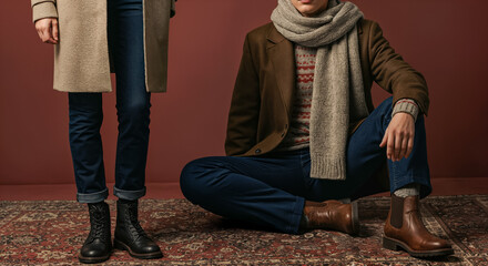 Close Crop of Autumn Outfits Highlighting Boots, Scarves, and Layered Textiles on Vintage Rug Backdrop