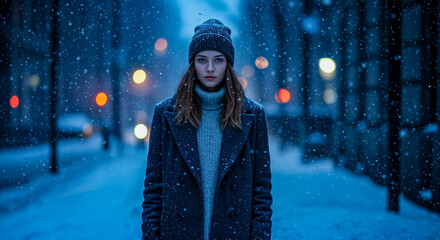 Moody Night Snowfall Portrait of Young Woman on City Street with Bokeh Lights and Deep Blue Tones