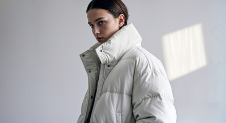 Minimal Winter Fashion Portrait of Woman Wearing Oversized White Puffer Jacket in Natural Light
