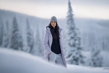Young Woman in Long Puffer Coat Standing in Snowy Landscape with Misty Trees and Winter Atmosphere