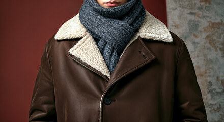 Close-Up of Man in Brown Shearling Jacket and Wool Scarf, Warm Autumn Studio Lighting
