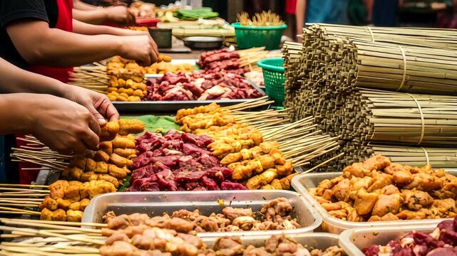 Vibrant street food market with skewered meats being prepared by vendors