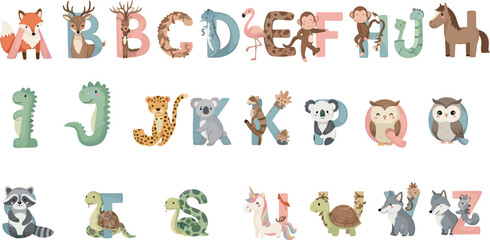 Animal alphabet illustration, cartoon letters, educational design, kids learning, A to Z animals, colorful characters, fun, isolated, playful, creative