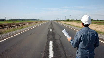 Engineer in hard hat holding blueprints on a long, empty asphalt road stretching to the horizon under a clear sky