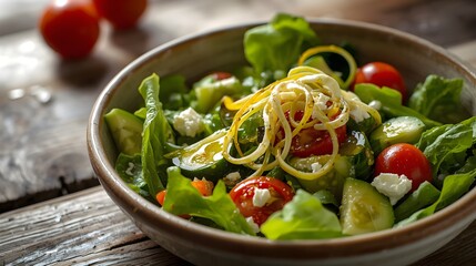 Fresh salad with lettuce, cherry tomatoes, cucumbers, feta, and lemon zest, drizzled with olive oil, served in a rustic bowl.