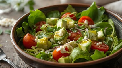 Vibrant salad with avocado, cherry tomatoes, cucumber, and feta tossed in olive oil, served fresh in a ceramic bowl.