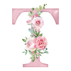 Watercolor pink roses flowers letter T for card design, initials, monogram print.