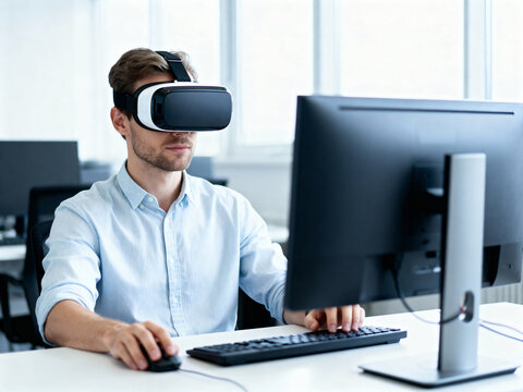Young professional using a VR headset while operating a computer keyboard and mouse in an office.