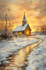 A picturesque winter scene unveils a quaint church nestled amidst a snowy landscape at sunset. The warm glow emanating from the windows illuminates the serene atmosphere.