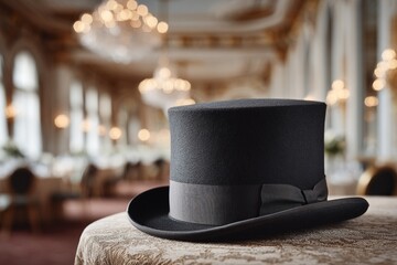 Elegant top hat on velvet cushion in grand ballroom