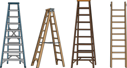 Different ladder types, A-frame and straight, metal and wood, isolated on white, construction tools, step ladder, vertical access, safety gear