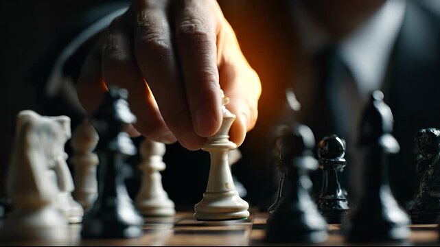 A man delicately moves a white chess piece on the board, showcasing his concentration. The chess pieces, both black and white, form an intricate scene in this strategic game.