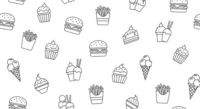 Seamless pattern featuring fast food items isolated on white background