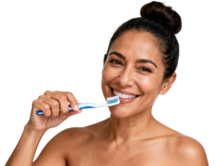 Smiling Woman Brushing Teeth for Oral Hygiene and Fresh Breath