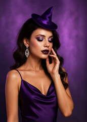 Elegant woman in purple satin dress and mini witch hat posing on violet background. Glamorous Halloween makeup, beauty, and fashion concept.