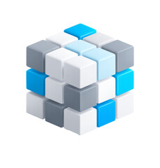 Abstract geometric cube made of small blocks in blue white and grey