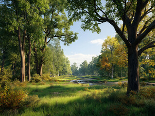 Fototapeta premium Forest trees and stream with sunlight through branches
