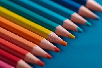 Fototapeta premium A vibrant array of colored pencils arranged neatly, showcasing a spectrum of hues against a blue background.