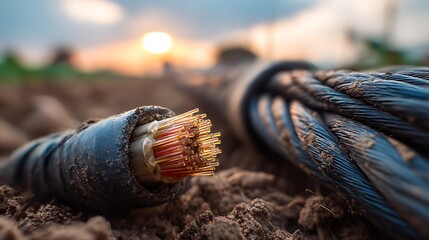 Damaged fiber optic cable exposed on rough soil at sunset, symbolizing land contamination, destroyed critical infrastructure, and hidden dangers in agricultural land.