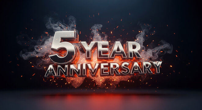 5 year anniversary celebration with fire sparks and smoke effects