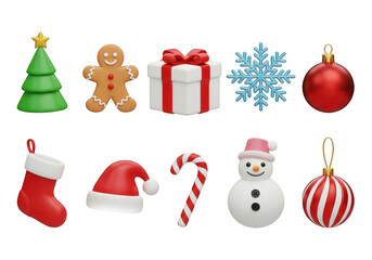 Collection of christmas ornaments and symbols isolated on transparent background