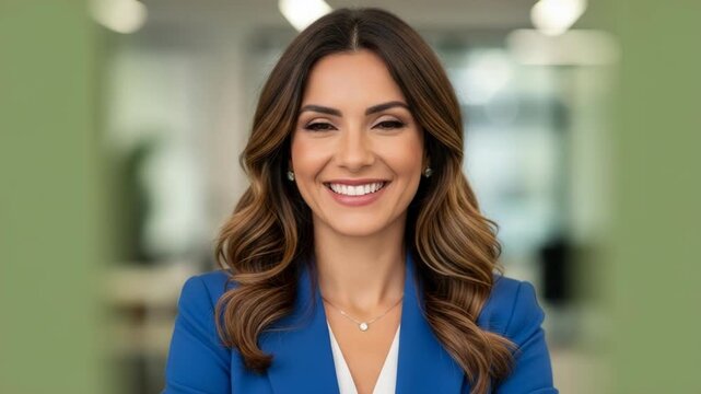 Smiling businesswoman in blue blazer with arms crossed in office