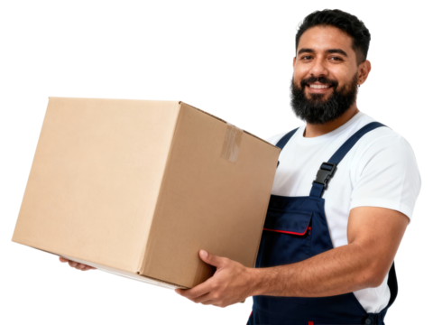 Delivery Man Smiling and Holding Cardboard Box on White