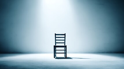 A single, bare chair isolated in a stark, spotlighted empty room, powerfully symbolizing isolation, existential anxiety, solitude, and profound loneliness in modern life.