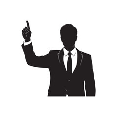 Black and white silhouette of a businessman pointing up, minimalist style.