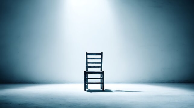 A single, bare chair isolated in a stark, spotlighted empty room, powerfully symbolizing isolation, existential anxiety, solitude, and profound loneliness in modern life.