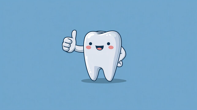 Ilustra&ccedil;&atilde;o fofinha de dente dando sinal de positivo em fundo azul clean, destacando mensagem de cuidado oral, preven&ccedil;&atilde;o e atendimento odontol&oacute;gico acolhedor