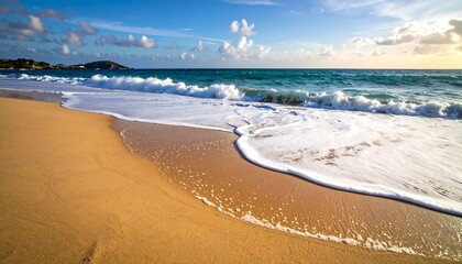 Waves gently washing onto a golden sandy beach.