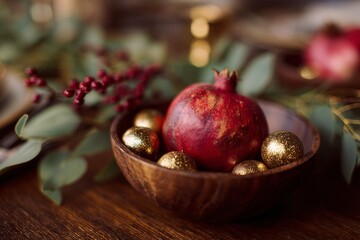 A Festive Arrangement of a Pomegranate and Golden Ornaments Centered in a Wooden Bowl Surrounded by Greenery and Holiday Cheer