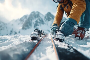 Mountain Adventure Preparation: Skier securing boots into bindings on a pristine snowy peak, symbolizing readiness, determination, and the pursuit of extreme winter sports and challenge.