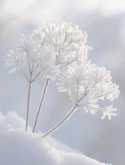 Frosted wildflowers emerge from soft snow under gentle winter light. Delicate ice crystals and pale tones create a serene, minimalist scene full of calm and natural beauty.