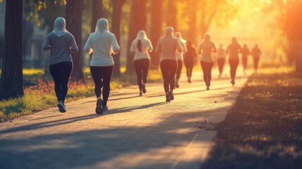 Group of muslim Women in hijab Jogging Outdoors at Sunrise in Sportswear, Embracing Fitness and Diversity