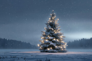 Snow covered evergreen tree standing in open field illuminated by glowing string lights during snowfall, surrounded by distant forest under twilight sky, creating festive winter scene