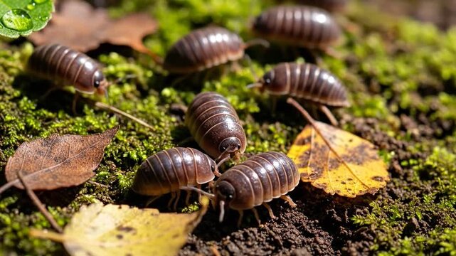 Tiny armadillidium vulgare foraging on moist forest floor, a close-up view.