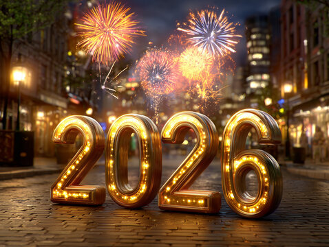 Golden 2026 numbers on city street with fireworks celebration