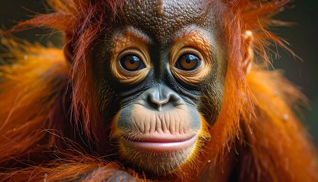 A close-up portrait shows the adorable, expressive face of a young orangutan