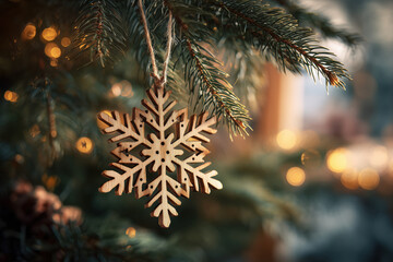 Closeup showing wooden snowflake ornament hanging on evergreen tree branch with blurred festive lights in background, capturing holiday decoration detail for seasonal celebration