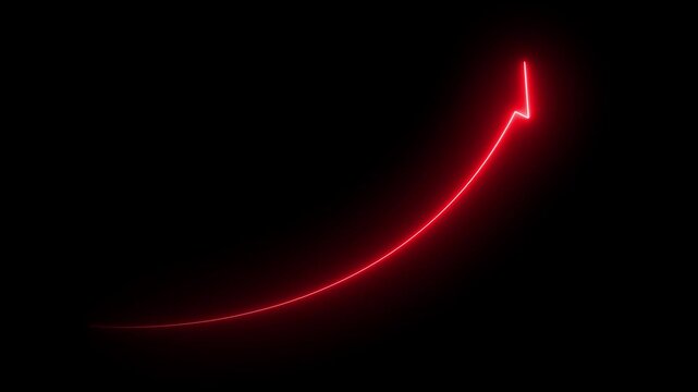 Abstract glowing neon swipe arrow. 4k animation. Down to up neon line arrow direction animation. Neon line raising business arrow on black background.