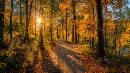 Obraz premium Sunlit path in a park before sunset