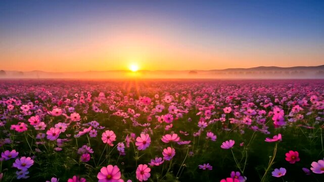 Vibrant sunset over a blooming field of pink flowers with misty hills