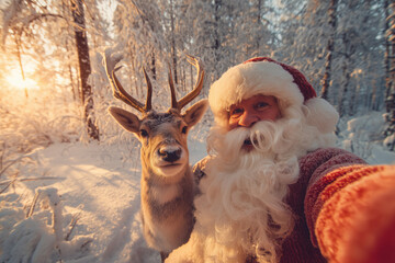 Portrait of senior Caucasian man dressed as Santa Claus smiling and taking selfie with reindeer in snowy forest during winter sunrise, both looking directly at camera