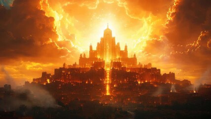 Majestic ancient city illuminated by a fiery sunset with towering structures against a dramatic sky - Powered by Adobe