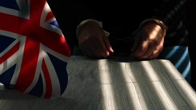 Prisoner enters interrogation room with British Union Jack flag 