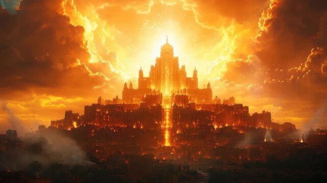 Majestic ancient city illuminated by a fiery sunset with towering structures against a dramatic sky