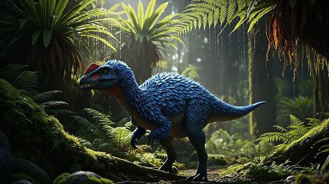 Feathered dinosaur roams prehistoric jungle, ancient life in vibrant foliage