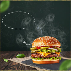 Gourmet Cheeseburger with Fresh Ingredients and Smoky Ambiance